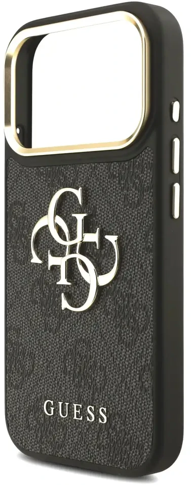 Guess PU Leather 4G Metal Logo Gold Frame dėklas skirtas Apple iPhone 17 Pro juodos spalvos