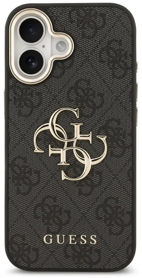 Guess PU odos 4G Metal Logo Gold Frame dėklas skirtas iPhone 17 juodos spalvos