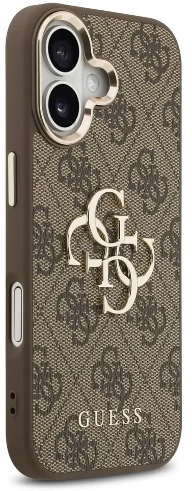 Guess PU odos 4G Metal Logo Gold Frame dėklas skirtas iPhone 17 rudos spalvos