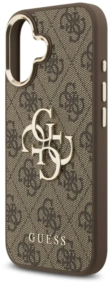 Guess PU odos 4G Metal Logo Gold Frame dėklas skirtas iPhone 17 rudos spalvos