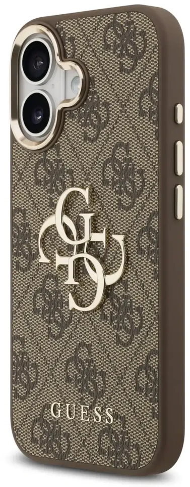 Guess PU odos 4G Metal Logo Gold Frame dėklas skirtas iPhone 17 rudos spalvos