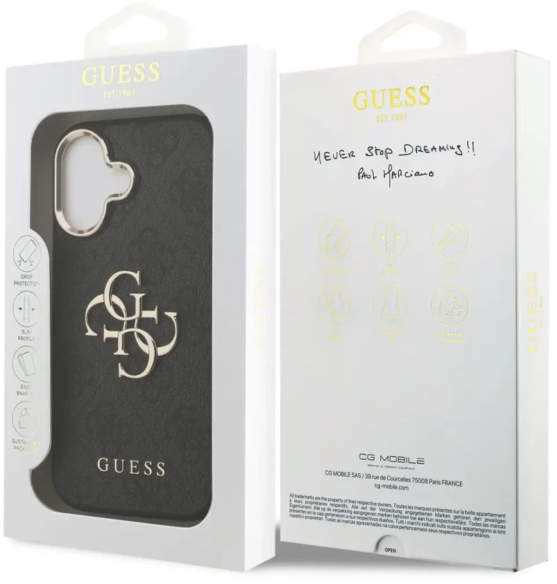 Guess PU odos 4G Metal Logo Gold Frame dėklas skirtas iPhone 17 juodos spalvos