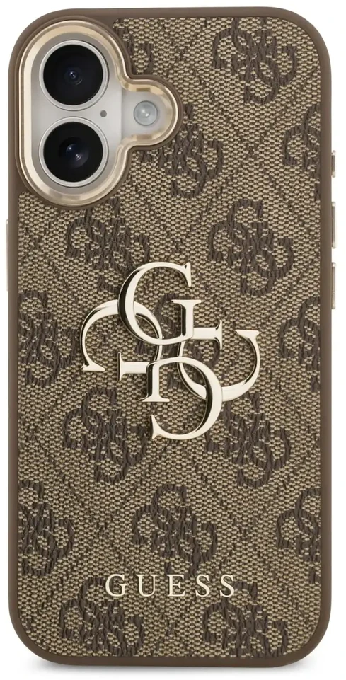 Guess PU odos 4G Metal Logo Gold Frame dėklas skirtas iPhone 17 rudos spalvos