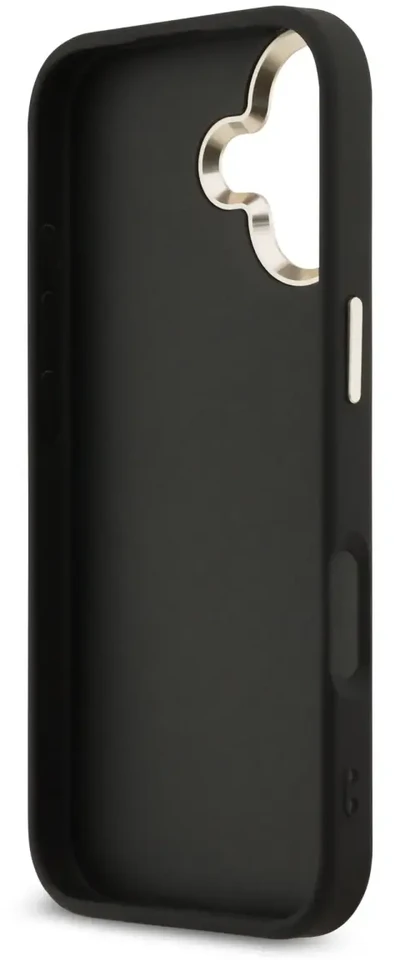 Guess PU odos 4G Metal Logo Gold Frame dėklas skirtas iPhone 17 juodos spalvos