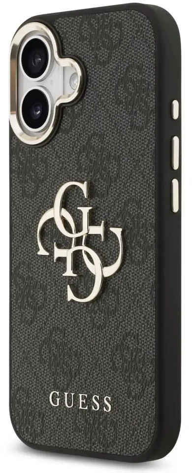 Guess PU odos 4G Metal Logo Gold Frame dėklas skirtas iPhone 17 juodos spalvos