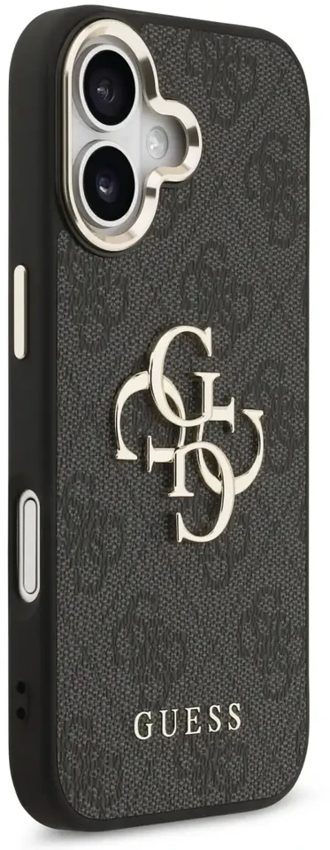 Guess PU odos 4G Metal Logo Gold Frame dėklas skirtas iPhone 17 juodos spalvos