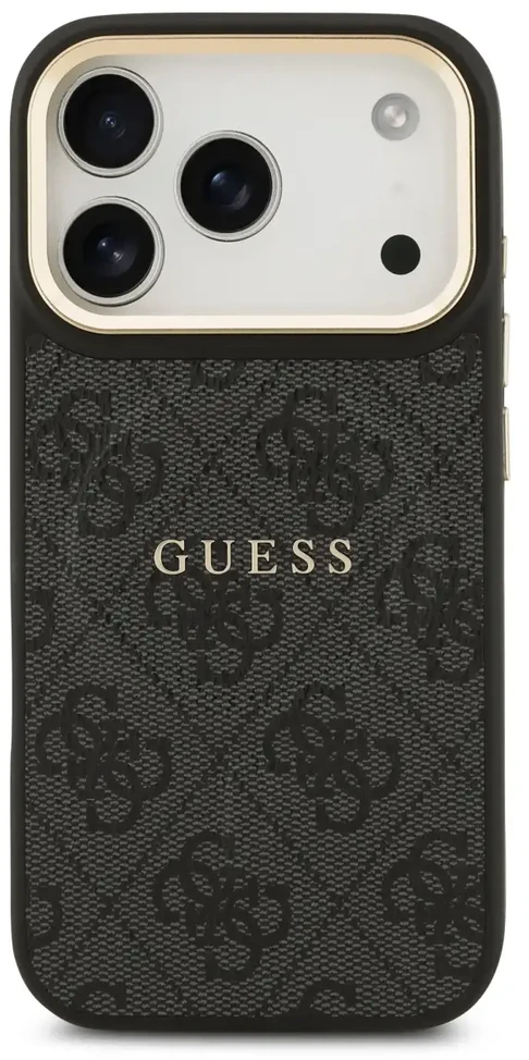 Guess PU Leather 4G Gold Frame MagSafe dėklas skirtas Apple iPhone 17 Pro juodos spalvos