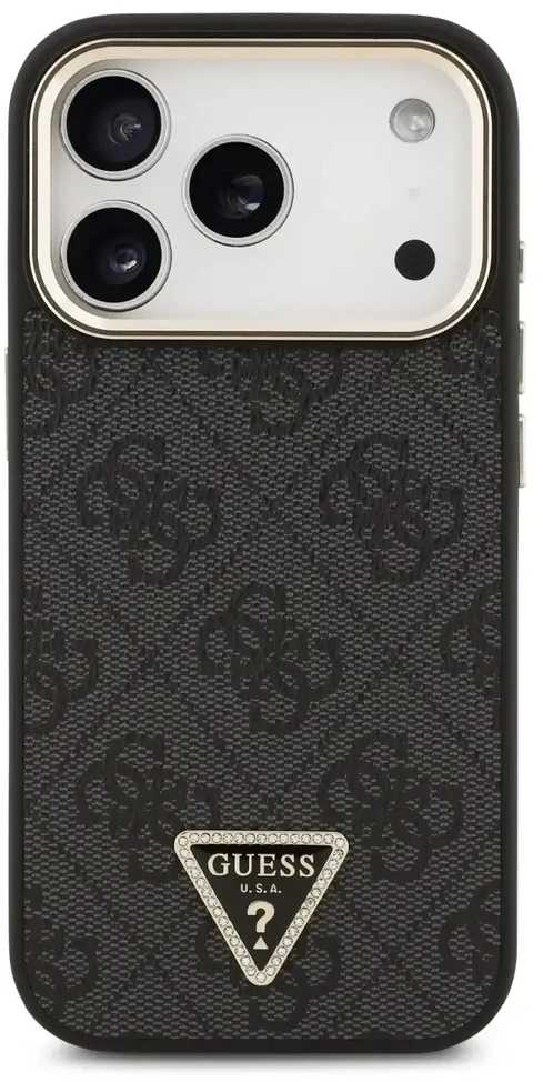 Guess PU Leather 4G Strass Triangle Logo Gold Frame MagSafe dėklas skirtas Apple iPhone 17 Pro juodos spalvos