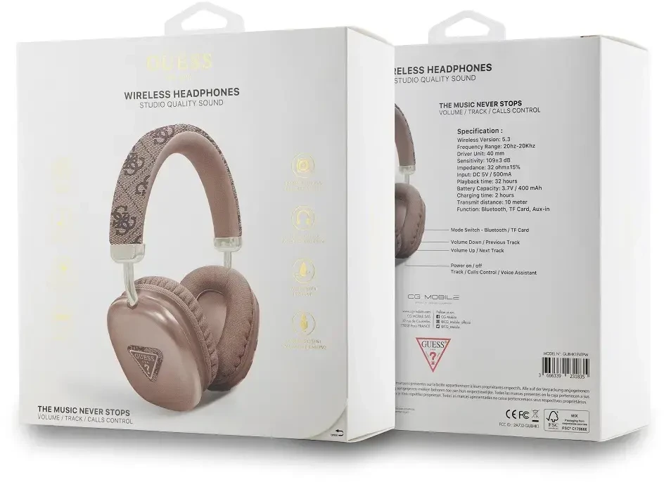Guess PU Leather 4G Triangle Logo belaidės ausinės rudos spalvos