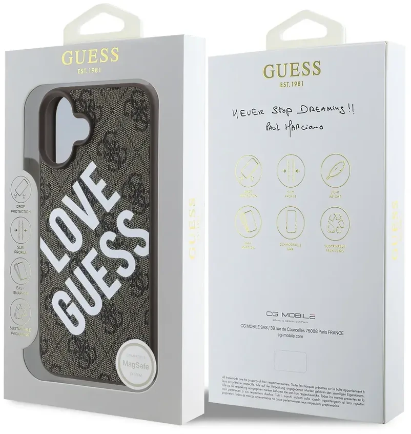 Guess PU Leather 4G Big Love Logo MagSafe Apple iPhone 16 dėklas telefonui rudos spalvos