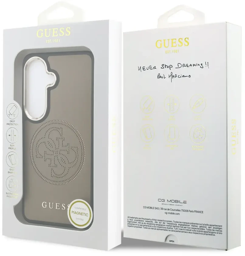 „Guess“ perforuotas PU telefono dėklas su 4G logotipu ir „MagSafe“ palaikymu, skirtas „Samsung Galaxy S26“ (S942), rudas