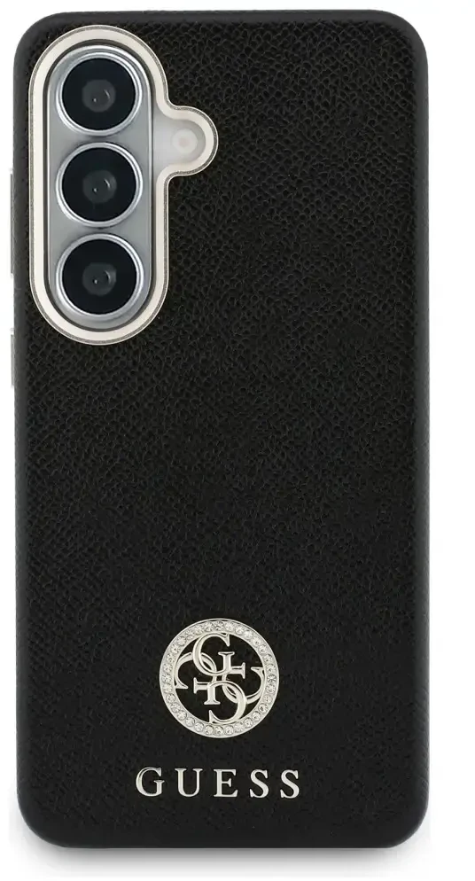 Guess „MagSafe“ dėklas, skirtas „Samsung Galaxy S26+“, su apvaliu, juodu cirkonio akmenėliu ir apvaliu logotipu