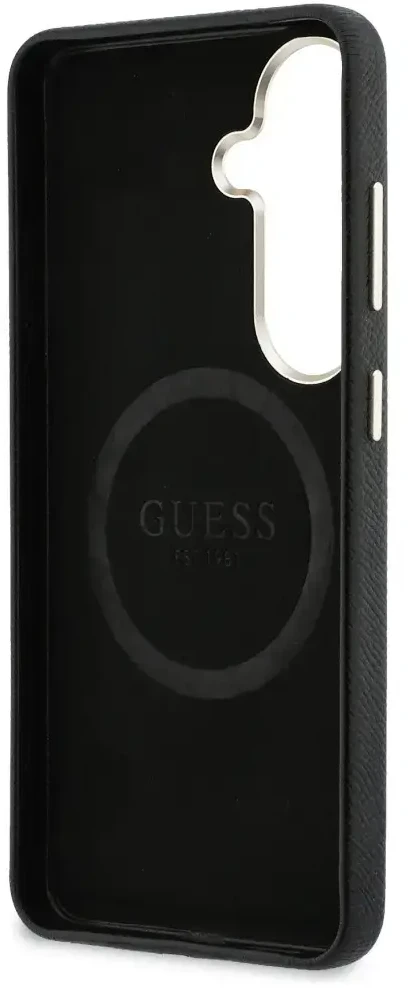 Guess „MagSafe“ dėklas, skirtas „Samsung Galaxy S26+“, su apvaliu, juodu cirkonio akmenėliu ir apvaliu logotipu
