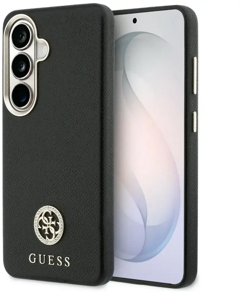 Guess „MagSafe“ dėklas, skirtas „Samsung Galaxy S26+“, su apvaliu, juodu cirkonio akmenėliu ir apvaliu logotipu