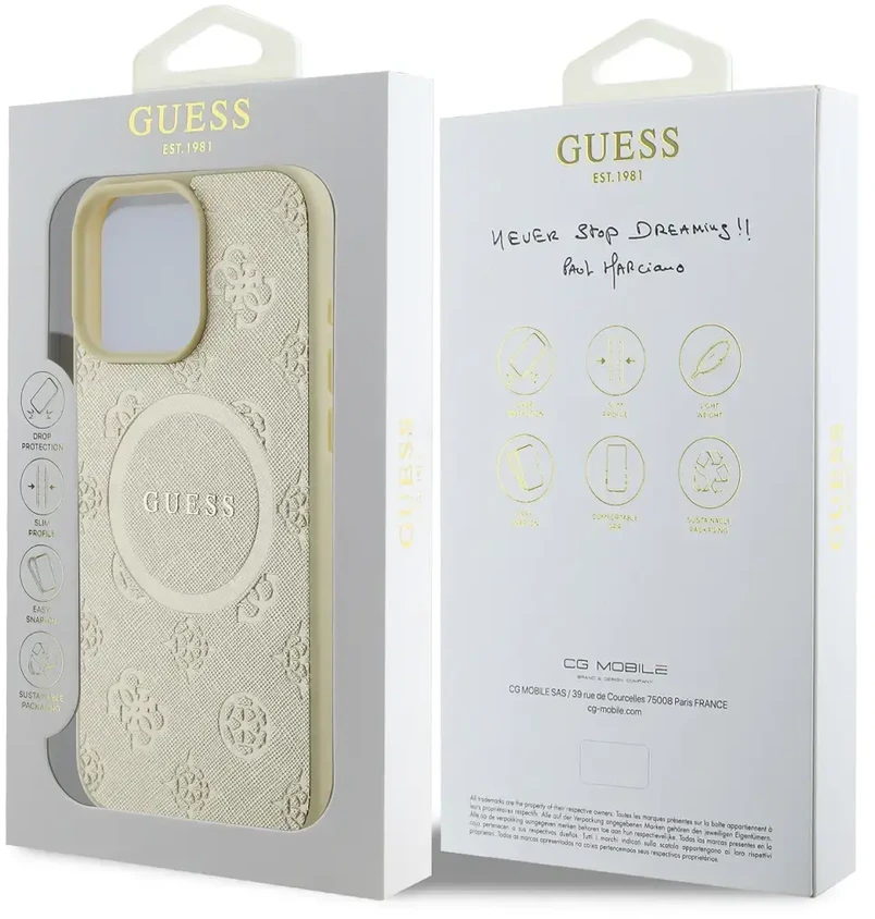 Guess GUHMP16LPSAPSMED Apple iPhone 16 Pro 6.3″ auksinis kietas dėklas Saffiano Peony Classic Logo MagSafe