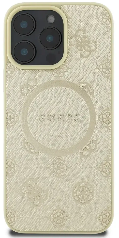 Guess GUHMP16LPSAPSMED Apple iPhone 16 Pro 6.3″ auksinis kietas dėklas Saffiano Peony Classic Logo MagSafe