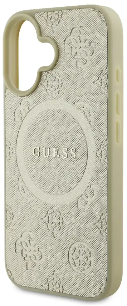 Guess GUHMP16SPSAPSMED Apple iPhone 16 6.1″ auksinis kietas dėklas Saffiano Peony Classic Logo MagSafe