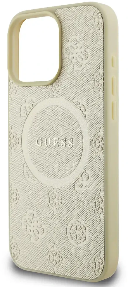 Guess GUHMP16LPSAPSMED Apple iPhone 16 Pro 6.3″ auksinis kietas dėklas Saffiano Peony Classic Logo MagSafe