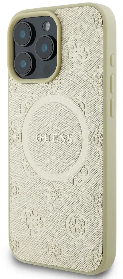 Guess GUHMP16LPSAPSMED Apple iPhone 16 Pro 6.3″ auksinis kietas dėklas Saffiano Peony Classic Logo MagSafe