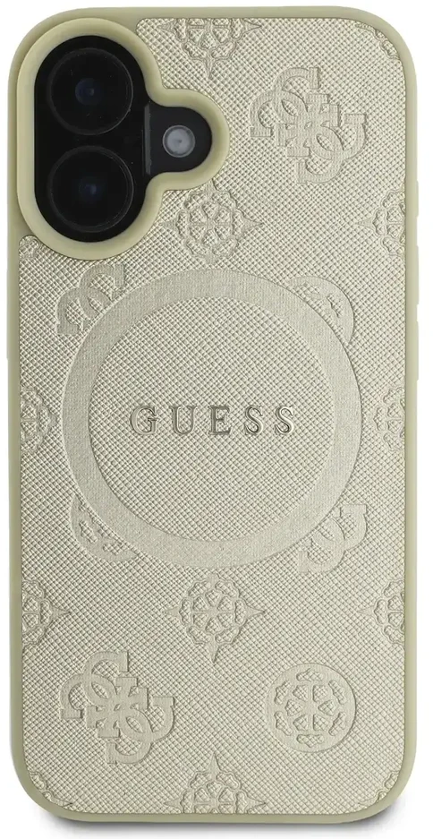 Guess GUHMP16SPSAPSMED Apple iPhone 16 6.1″ auksinis kietas dėklas Saffiano Peony Classic Logo MagSafe