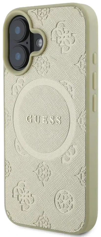 Guess GUHMP16SPSAPSMED Apple iPhone 16 6.1″ auksinis kietas dėklas Saffiano Peony Classic Logo MagSafe