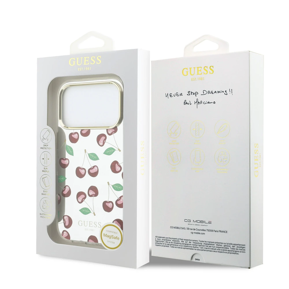 Guess TPU Glitter Cherry MagSafe dėklas skirtas iPhone 17 Pro Max