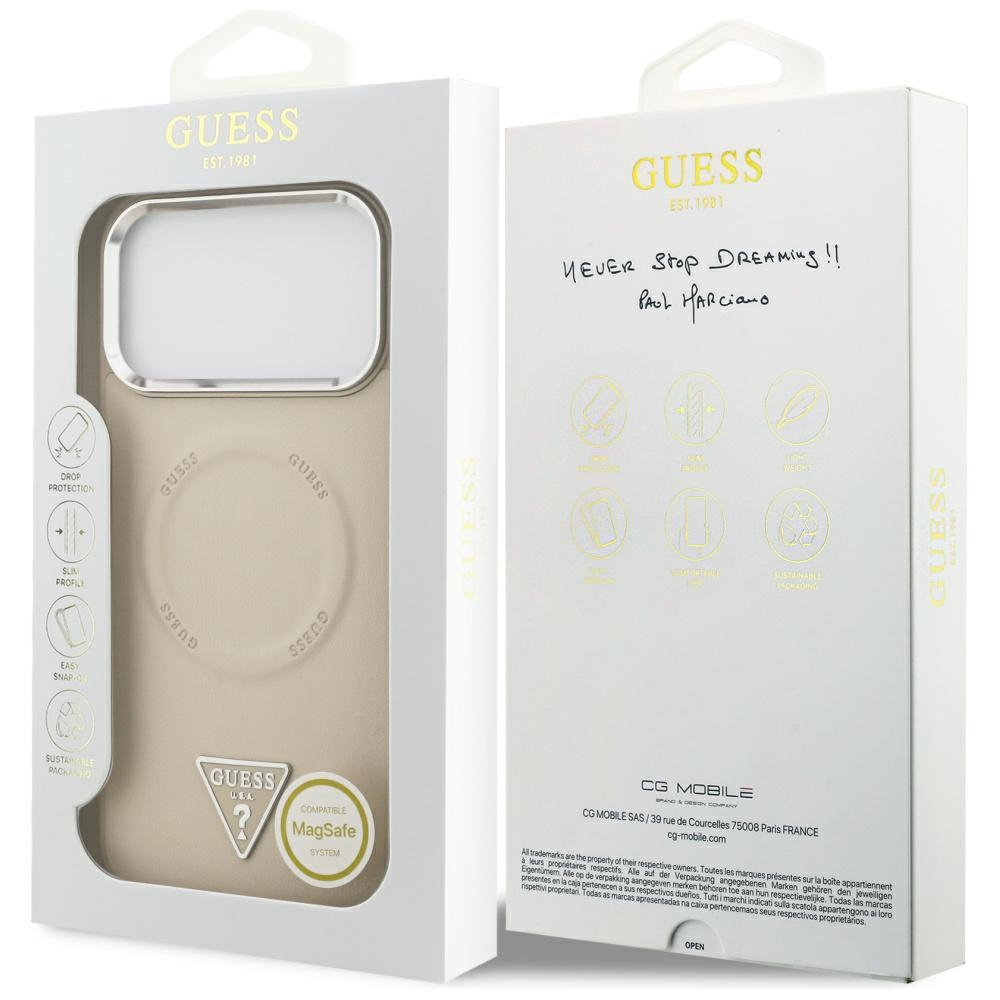Guess Triangle Logo MagSafe dėklas skirtas Apple iPhone 17 Pro Max rusvai gelsvas