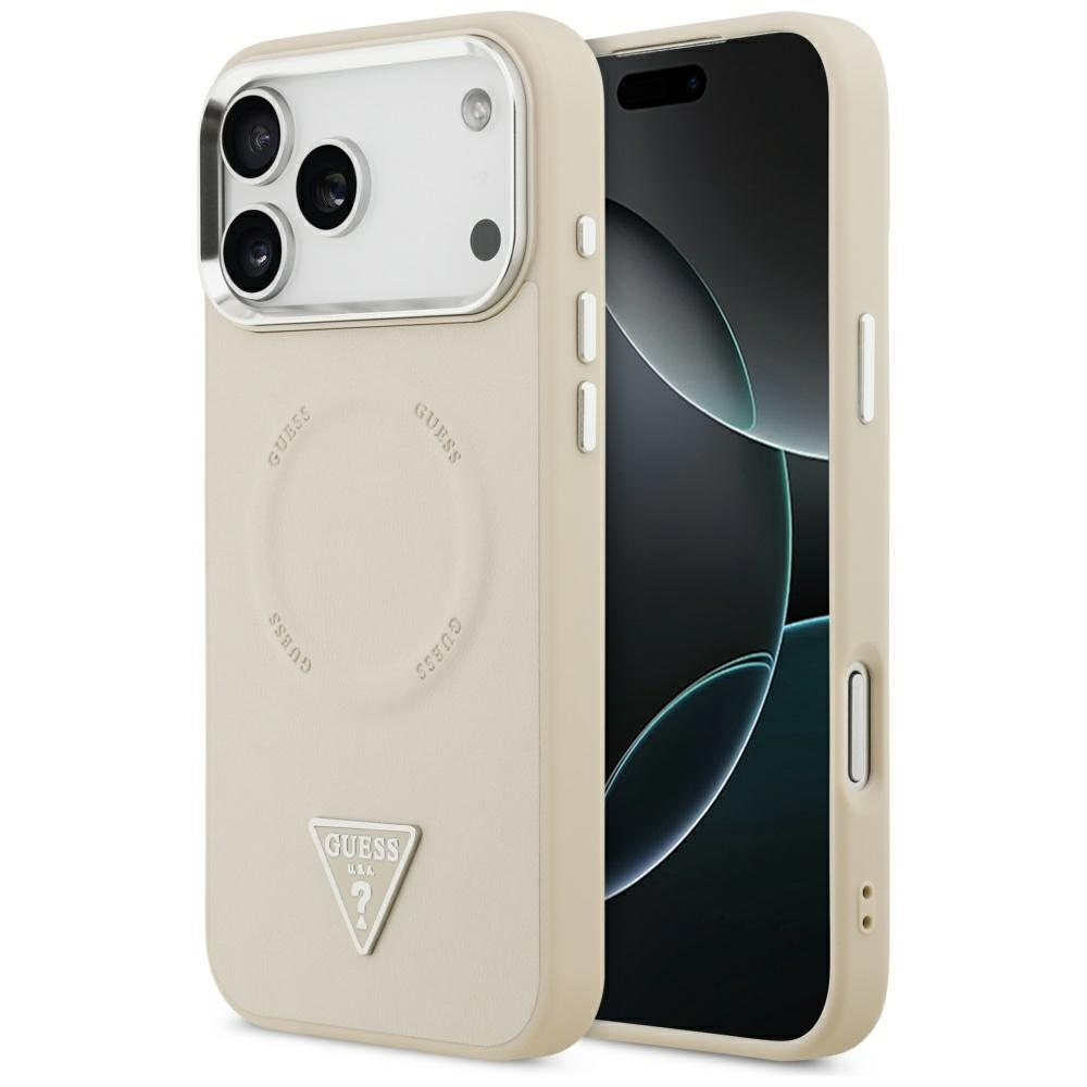 Guess Triangle Logo MagSafe dėklas skirtas Apple iPhone 17 Pro Max rusvai gelsvas
