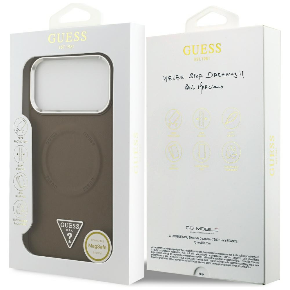 GUESS dėklas, skirtas IPHONE 17 Pro, suderinamas su MagSafe GUHMP17LPSDTSCMW (PU su trikampio logotipu), rudas