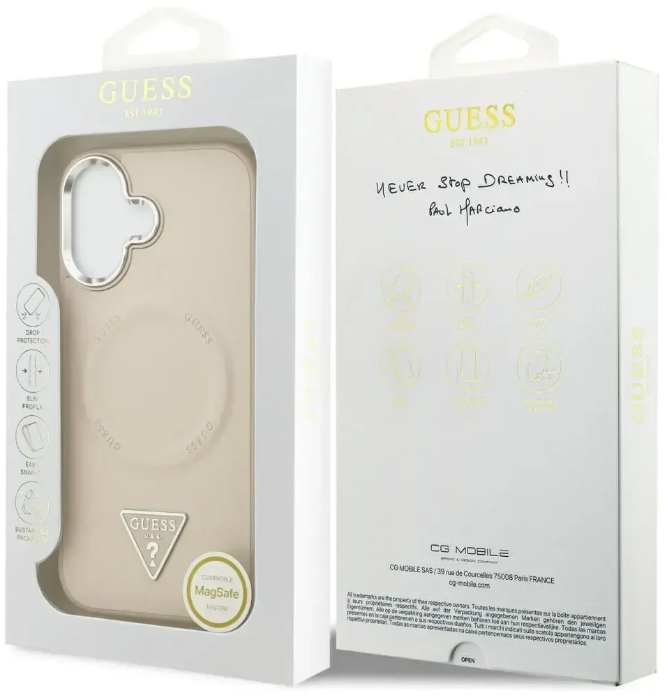 Guess Triangle Logo MagSafe dėklas skirtas Apple iPhone 17 rusvai gelsvas