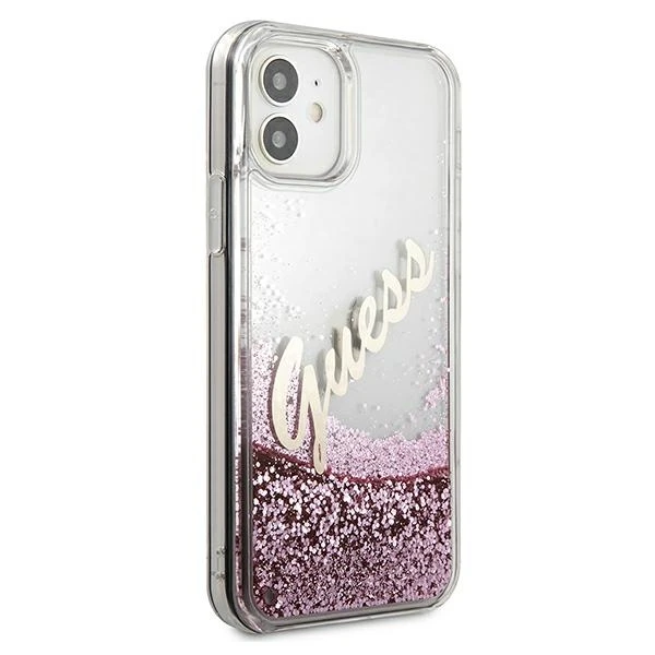 Dėklas GUESS GUHCP12SGLVSPI HARD CASE GLITTER VINTAGE SCRIPT IPHONE 12 MINI Rožinis