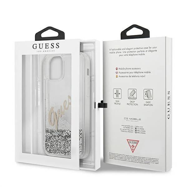 Dėklas GUESS GUHCP12SGLVSSI HARD CASE GLITTER VINTAGE SCRIPT IPHONE 12 MINI Sidabrinis
