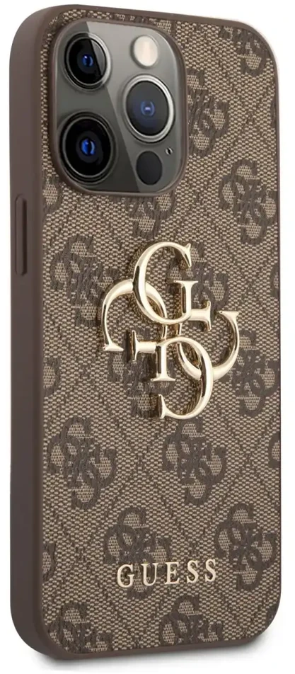 GUHCP13X4GMGBR Guess PU 4G metalinis logotipo dėklas, skirtas iPhone 13 Pro Max Brown