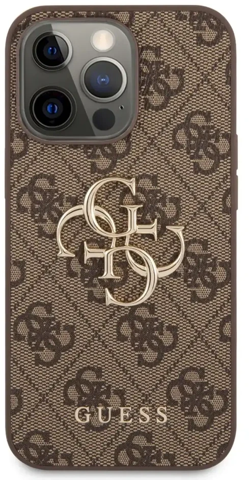 GUHCP13X4GMGBR Guess PU 4G metalinis logotipo dėklas, skirtas iPhone 13 Pro Max Brown