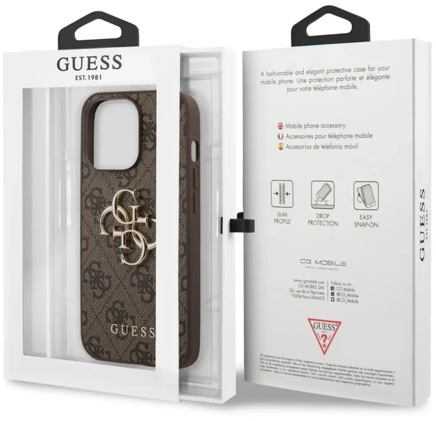 GUHCP13X4GMGBR Guess PU 4G metalinis logotipo dėklas, skirtas iPhone 13 Pro Max Brown