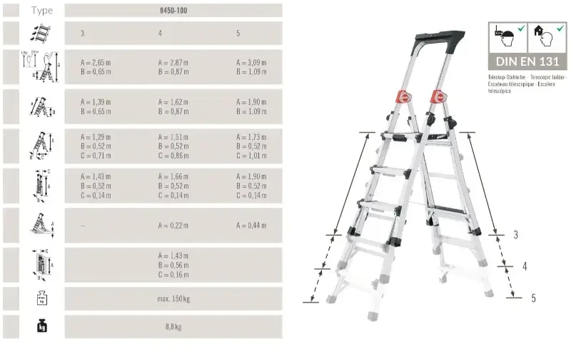 Hailo aliumininės teleskopinės kopėčioa TL100 Topline, 5 pakopos, 150kg