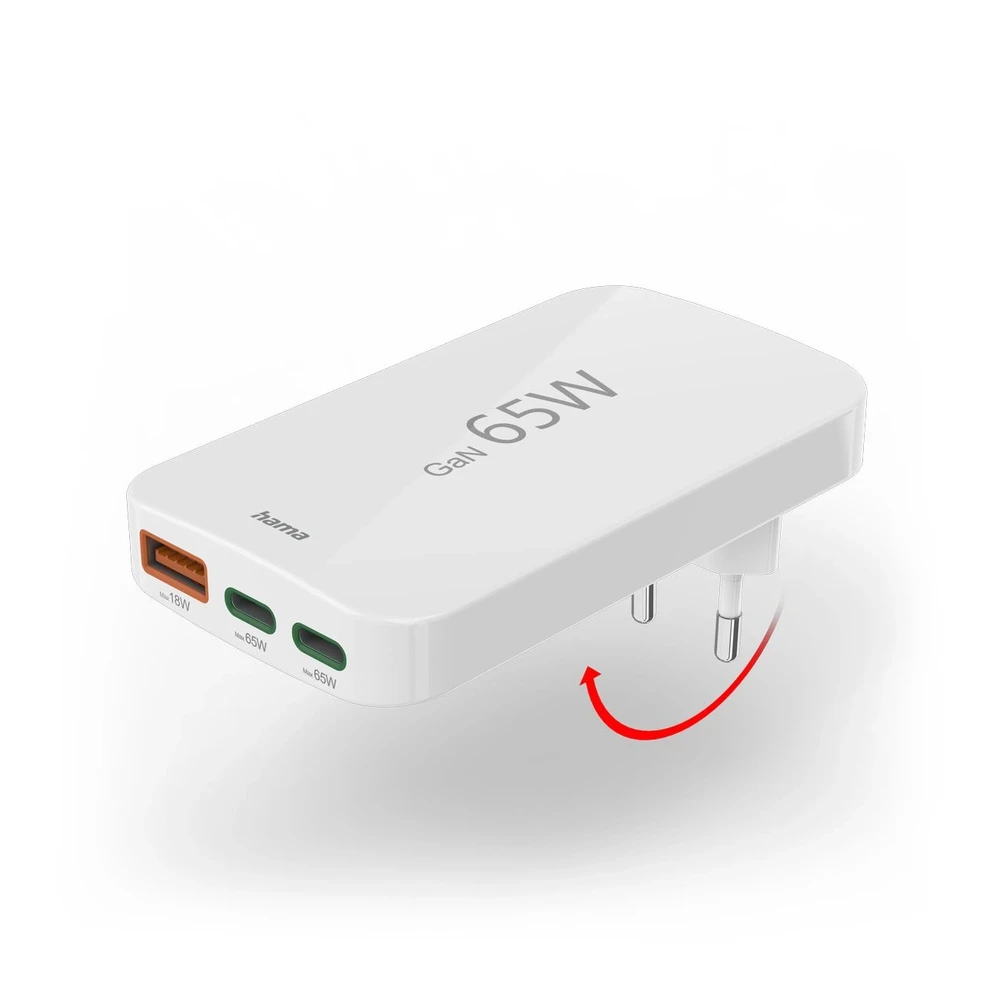 Hama 65W GaN, 2X USB-C, 1X USB-A, balta