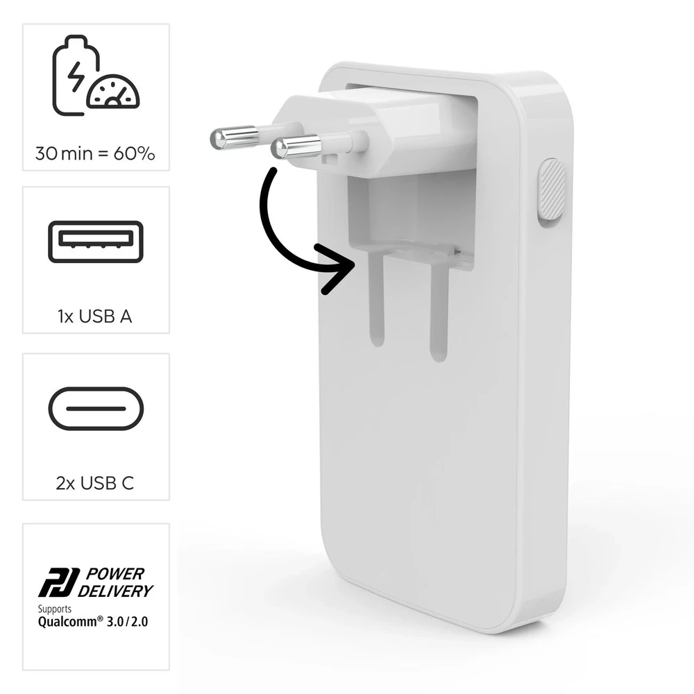 Hama 65W GaN, 2X USB-C, 1X USB-A, balta