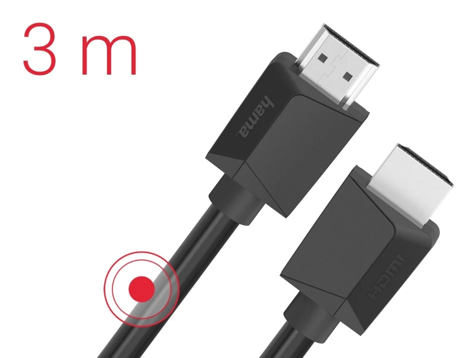 Juodas HDMI kabelis su 3 metrų ilgio žyma