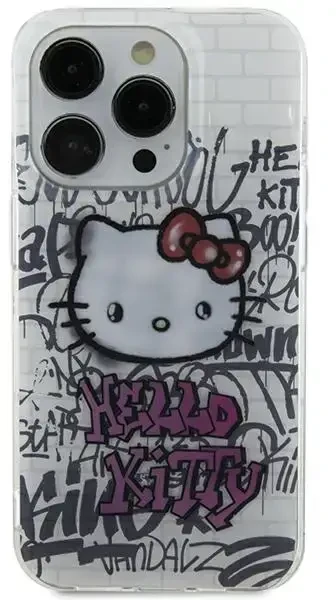 Hello Kitty HKHCP15SHDGPHT Apple iPhone 15 /14 / 13 6.1″ baltos spalvos kietas dėklas IML Kitty On Bricks Graffiti