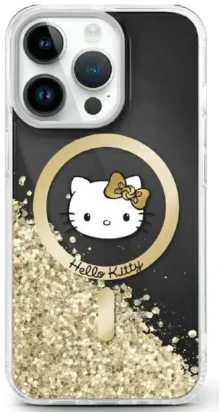 Hello Kitty HKHMP16SLGDIK Apple iPhone 16 6.1″ juodos spalvos auksinis kietas dėklas Liquid Glitter Fever MagSa
