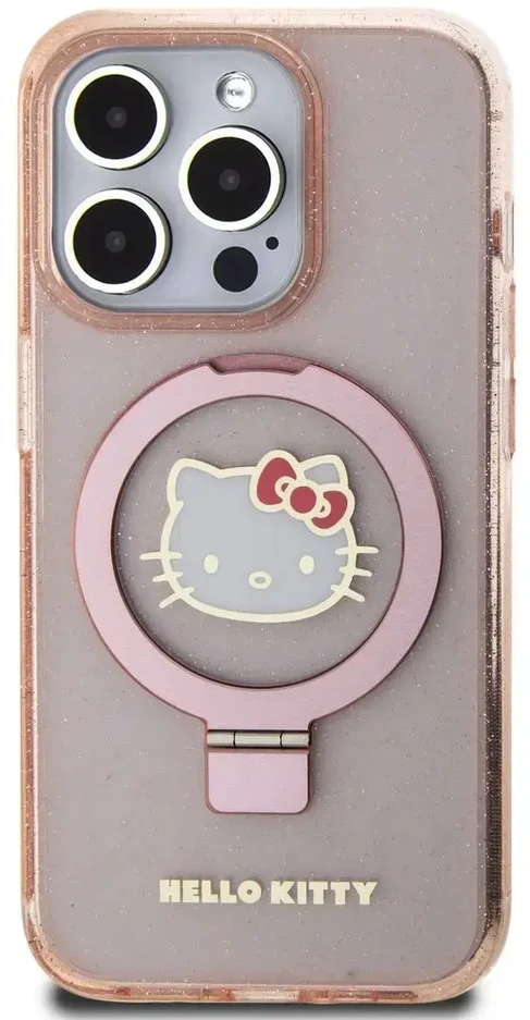 Apple iPhone 15 Pro Max Hello Kitty dėklas Ring Stand Glitter Electrop Logo MagSafe (HKHMP15XHRSGEP) rožinės spalvos