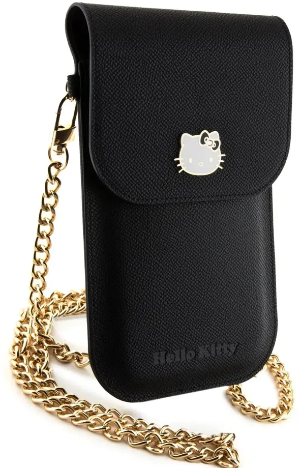 Hello Kitty HKOWBPGHDLMK juodos spalvos odinė rankinė su metaliniu logotipu ir grandinėle