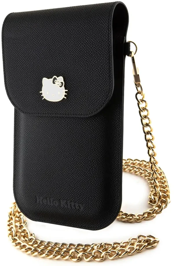 Hello Kitty HKOWBPGHDLMK juodos spalvos odinė rankinė su metaliniu logotipu ir grandinėle