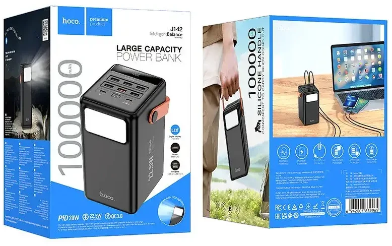 Hoco J142 išorinis akumuliatorius | 100 000 mAh | 22,5 W | PD, QC | USB-A, USB-C | LED žibintuvėlis | juodas