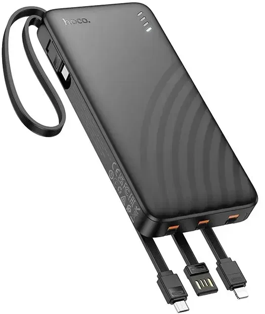 Nešiojamasis įkroviklis (powerbank) Hoco 10000 mAh 2A su keturiais įtaisytais kabeliais USB A + USB C + Lightning + Micro USB J146 juodas