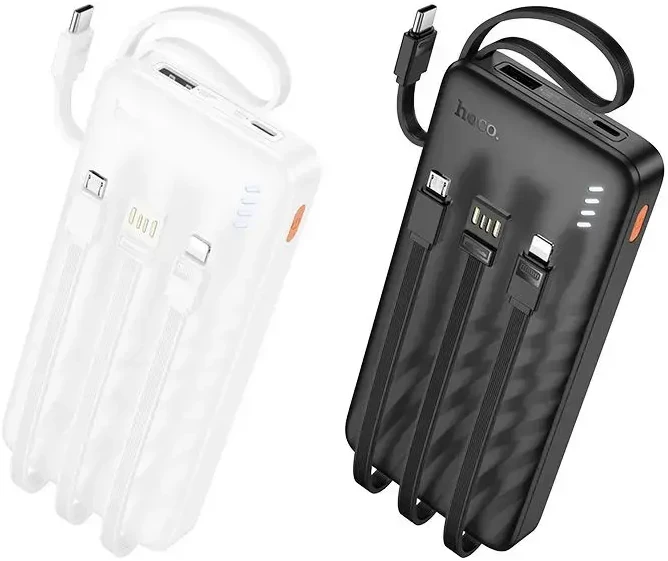 Nešiojamasis įkroviklis (powerbank) Hoco 10000 mAh 2A su keturiais įtaisytais kabeliais USB A + USB C + Lightning + Micro USB J146 juodas