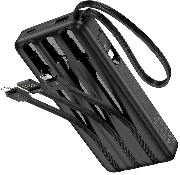 Nešiojamasis įkroviklis (powerbank) Hoco 10000 mAh 2A su keturiais įtaisytais kabeliais USB A + USB C + Lightning + Micro USB J146 juodas