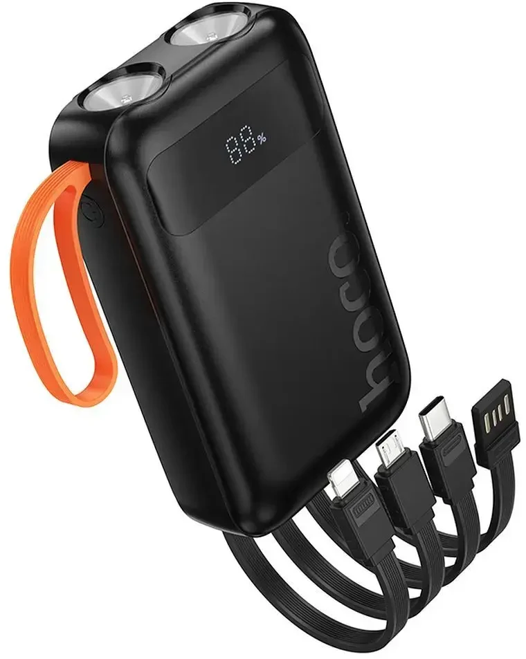 „Hoco“ 10000 mAh 2A išorinė baterija su integruotais USB A + USB C + „Lightning“ + „Micro USB“ laidais ir dvigubu apšvietimu J151 juodas