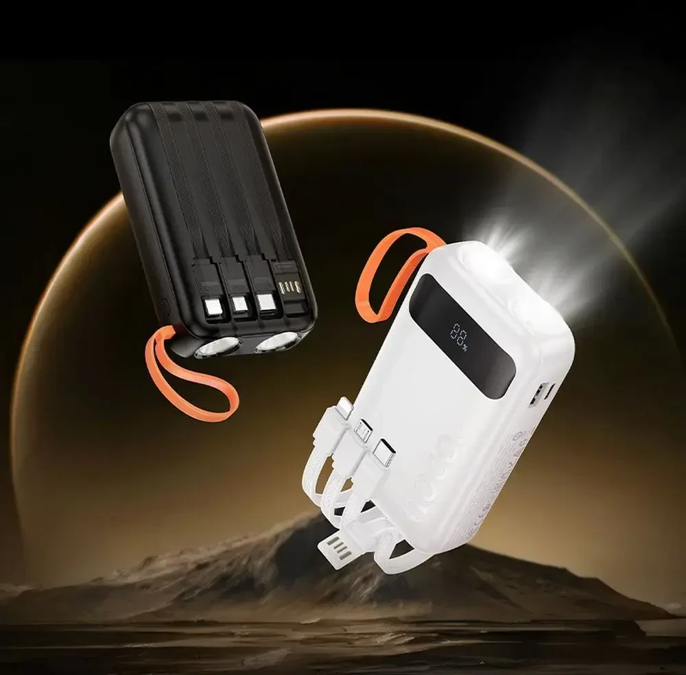 „Hoco“ 10000 mAh 2A išorinė baterija su integruotais USB A + USB C + „Lightning“ + „Micro USB“ laidais ir dvigubu apšvietimu J151 juodas